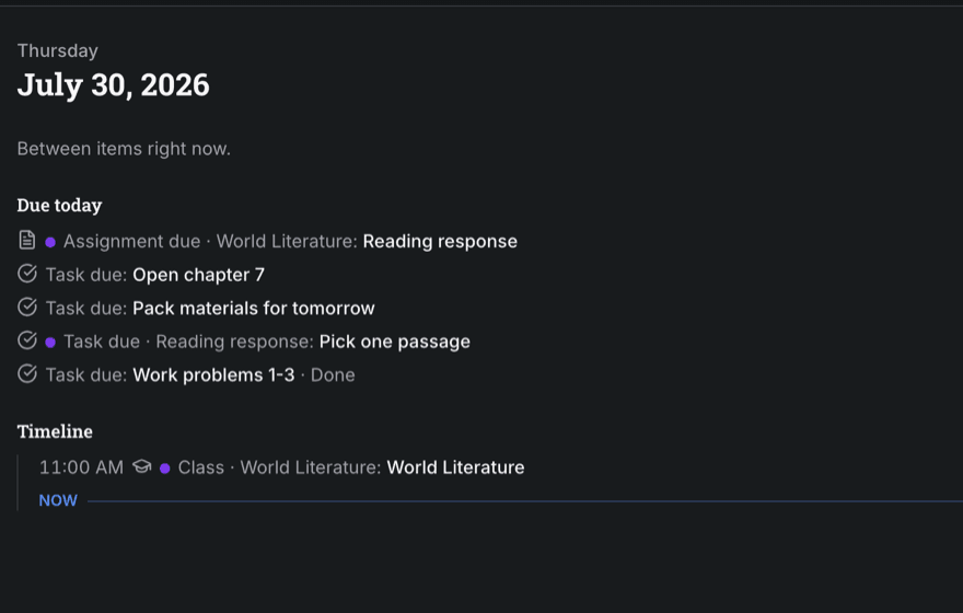 The Scholexis Today view in dark mode: a short due-today list and a class timeline with a now marker.