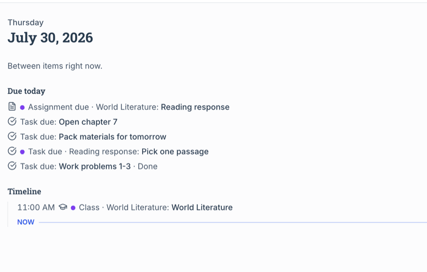The Scholexis Today view: a short due-today list and a class timeline with a now marker.